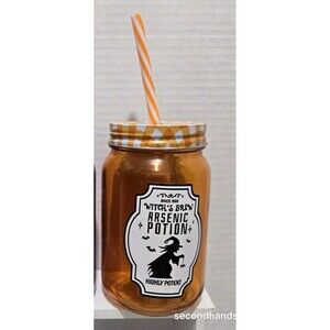 Halloween  Potion Jar-Shaped Glass Tumblers w Screw-On Lid  Straw, 16 oz. Orange